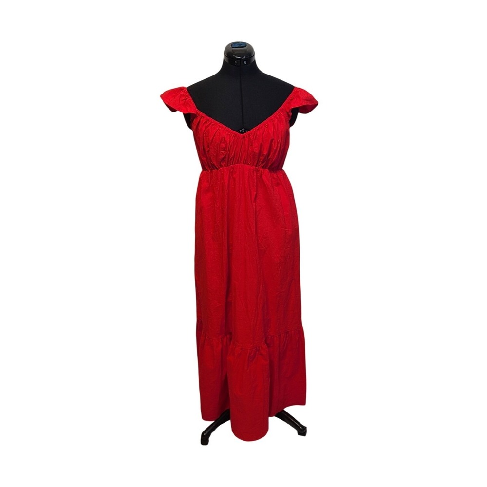 Universal Thread Red Cotton Maxi Dress XS Flutter Sleeve Tiered Pockets Boho NEW